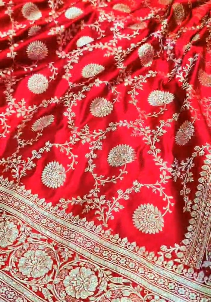 Ruhika – Scarlet Red Banarasi Soft Silk Saree with Traditional Zari Weaving