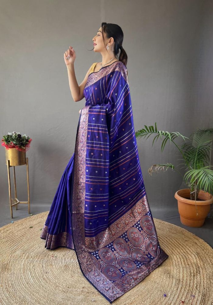 Elegantly R.Blue Color Woven Silk Saree with Silver, Copper, and Antique Detailing