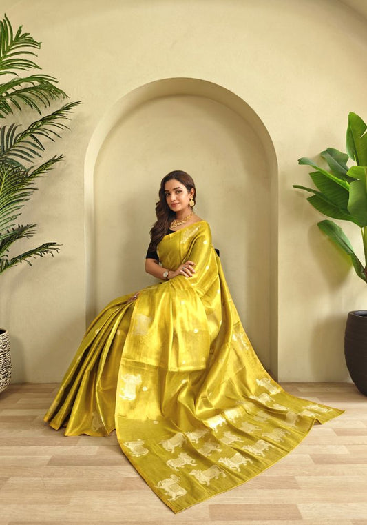 Varnika – Yellow Banarasi Soft Tissue Silk Saree of Subtle Charm