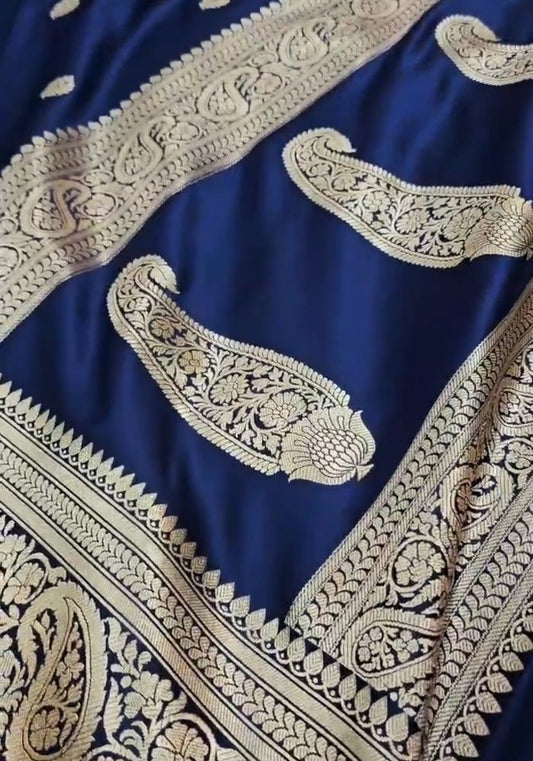 Aastha – Navy Blue Banarasi Soft Silk Saree with Antique Paisley Zari Work