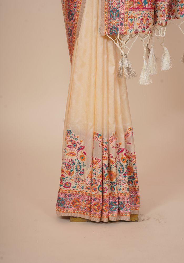 Glamorous Beige Pashmina Saree With Artistic Minakari Work