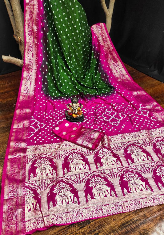 Ziyana Rani Green Bandhej Silk Saree