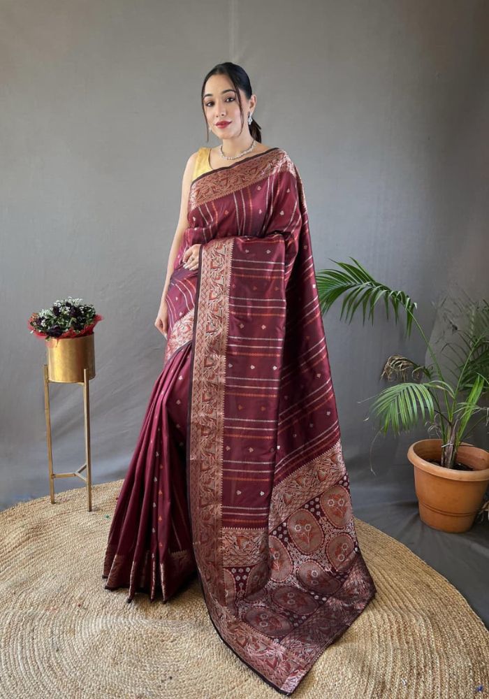 Elegantly Maroon Color Woven Silk Saree with Silver, Copper, and Antique Detailing