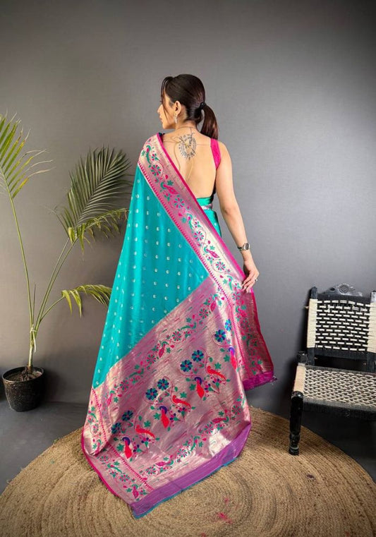 Divine Firozi Paithani Silk Saree With Blooming Blouse Piece