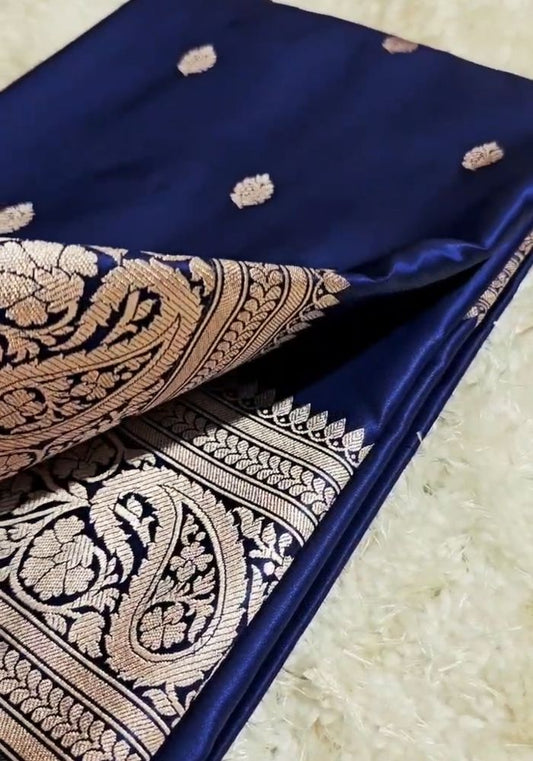 Aastha – Navy Blue Banarasi Soft Silk Saree with Antique Paisley Zari Work