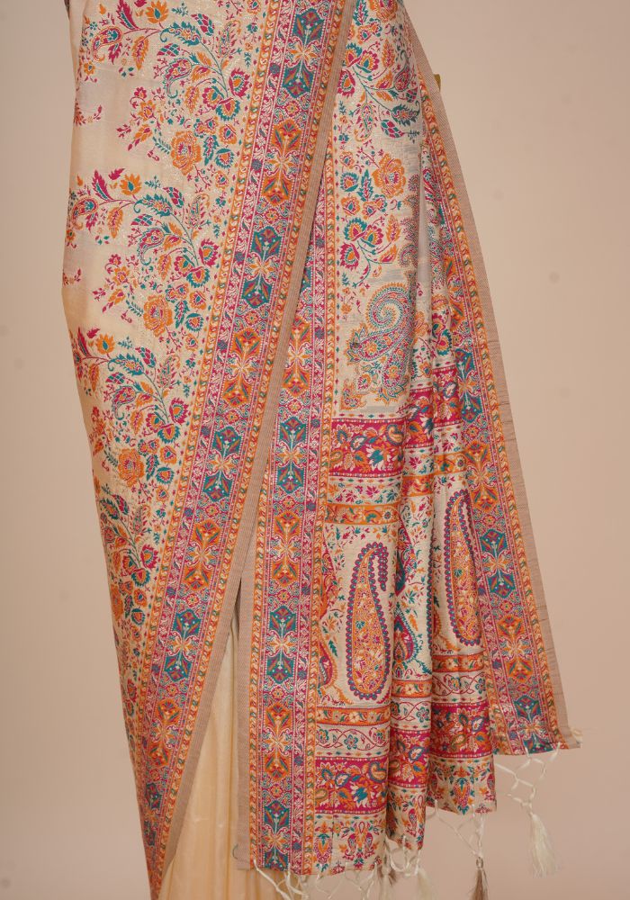 Glamorous Beige Pashmina Saree With Artistic Minakari Work