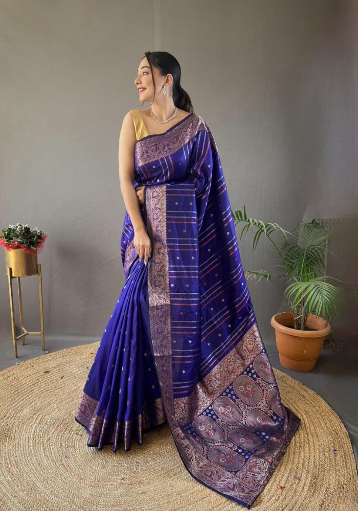 Elegantly R.Blue Color Woven Silk Saree with Silver, Copper, and Antique Detailing