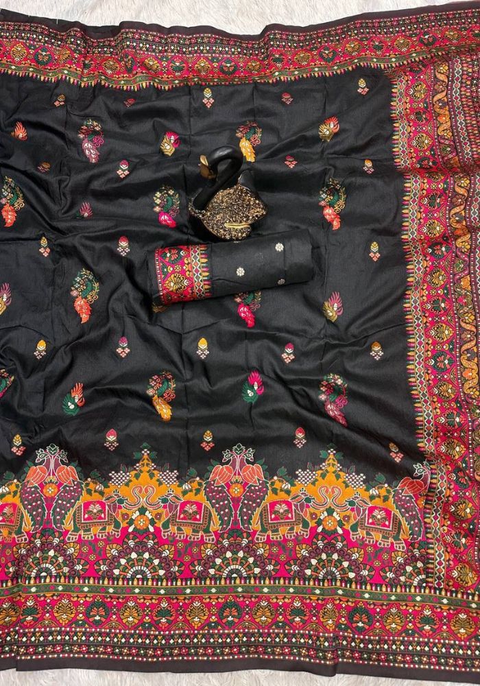 Entrancing Black Pashmina Saree With Panoply Blouse Piece