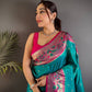 Divine Firozi Paithani Silk Saree With Blooming Blouse Piece