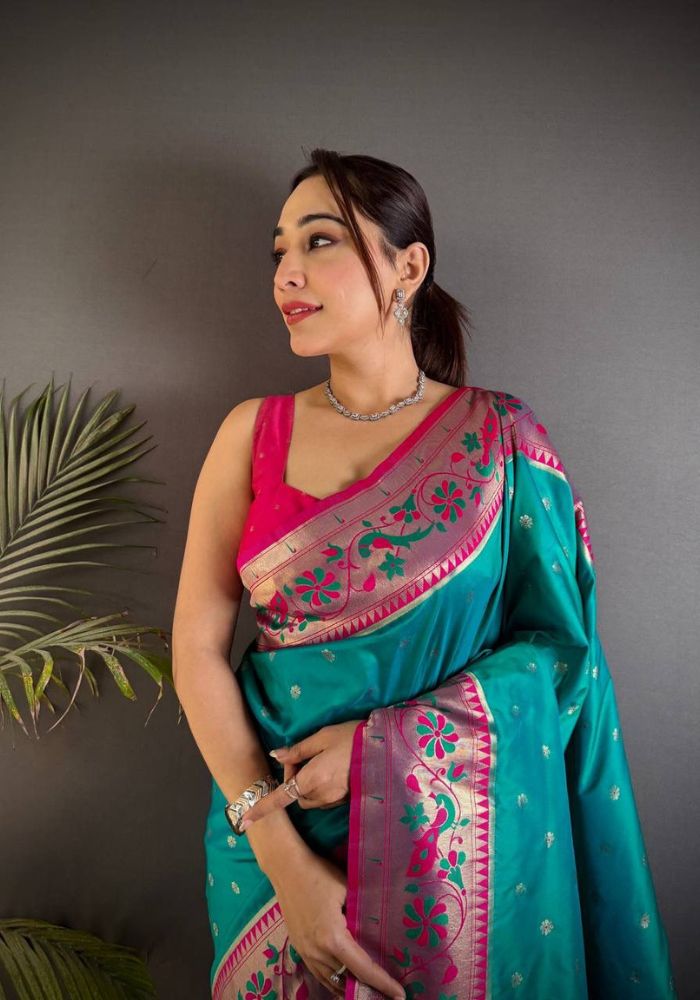 Divine Firozi Paithani Silk Saree With Blooming Blouse Piece