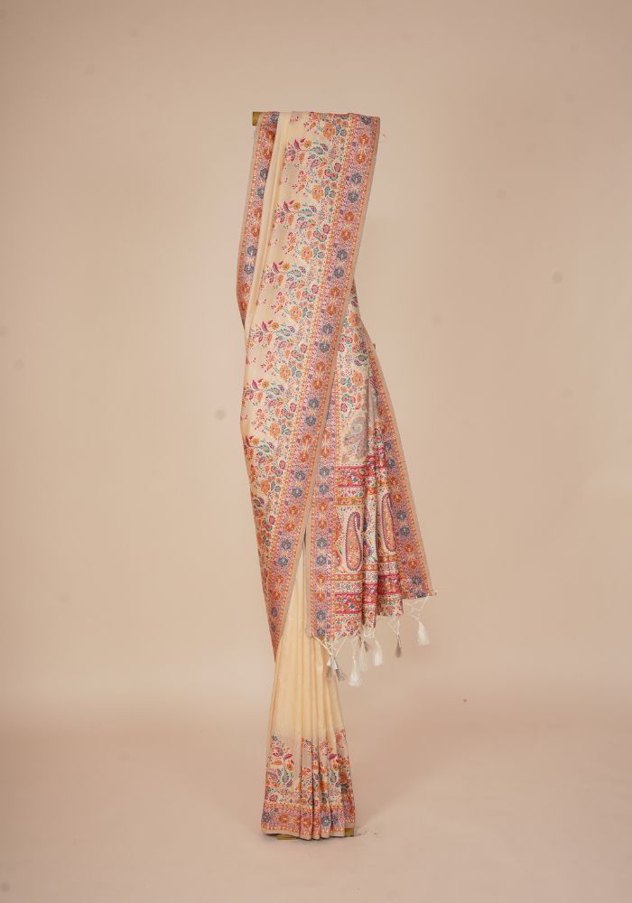 Glamorous Beige Pashmina Saree With Artistic Minakari Work