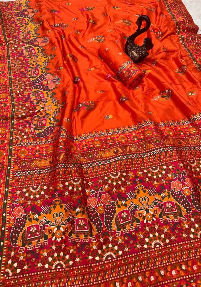 Incredible Orange Pashmina Saree With Arresting Blouse Piece