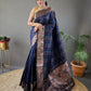 Elegantly Navy Blue Color Woven Silk Saree with Silver, Copper, and Antique Detailing