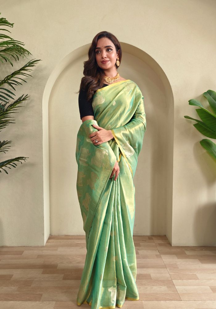 Varnika – Pista Banarasi Soft Tissue Silk Saree of Subtle Charm