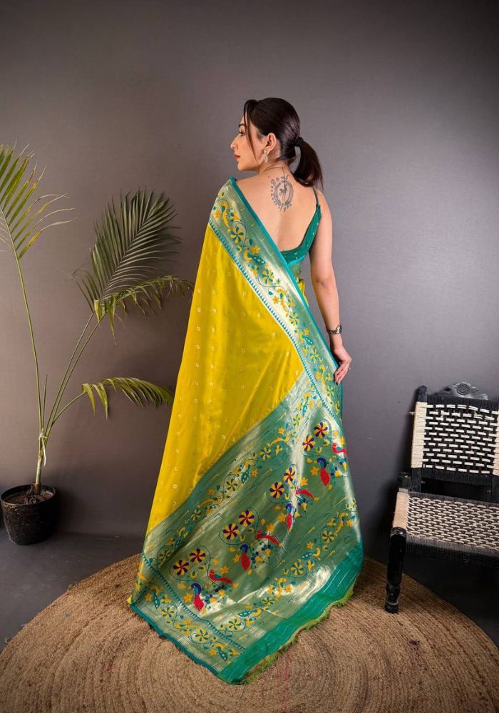 Delectable Mustard Paithani Silk Saree With Improbable Blouse Piece