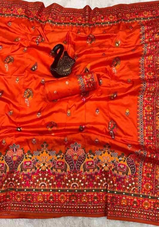 Incredible Orange Pashmina Saree With Arresting Blouse Piece