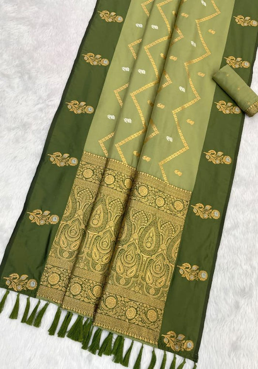 Ruvika – Banarasi Soft Silk Saree in Mehandi with Ornamental Border