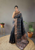 Elegantly Black Color Woven Silk Saree with Silver, Copper, and Antique Detailing