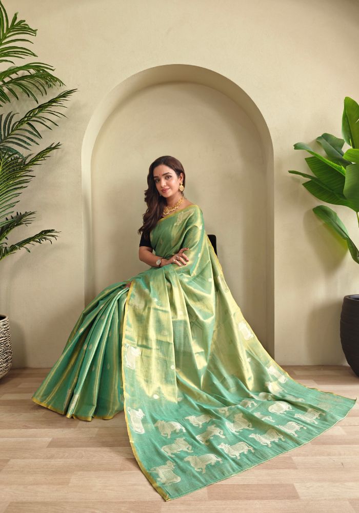 Varnika – Pista Banarasi Soft Tissue Silk Saree of Subtle Charm