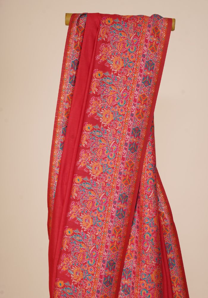 Glamorous Red Pashmina Saree With Artistic Minakari Work