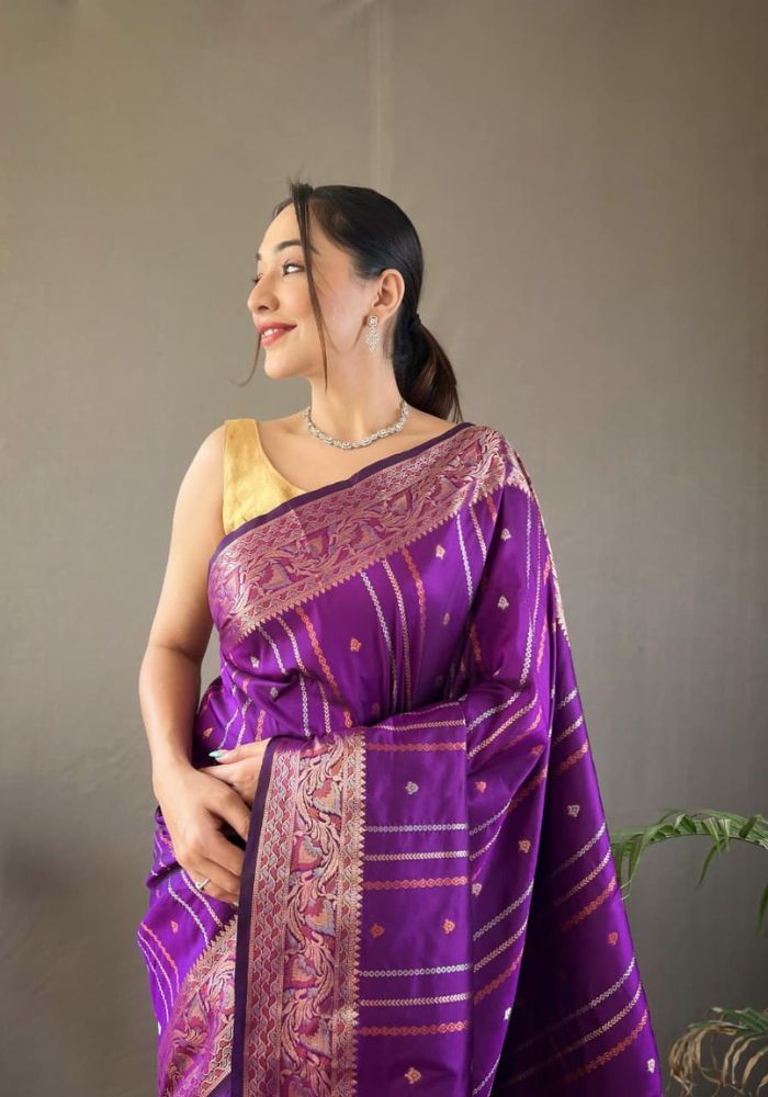 Elegantly Purple Color Woven Silk Saree with Silver, Copper, and Antique Detailing