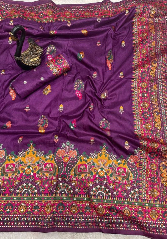 Exceptional Purple Pashmina Saree With Gratifying Blouse Piece