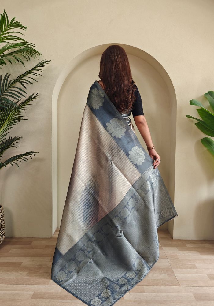 Amara – Grey Banarasi Soft Silk Saree with Floral Weave