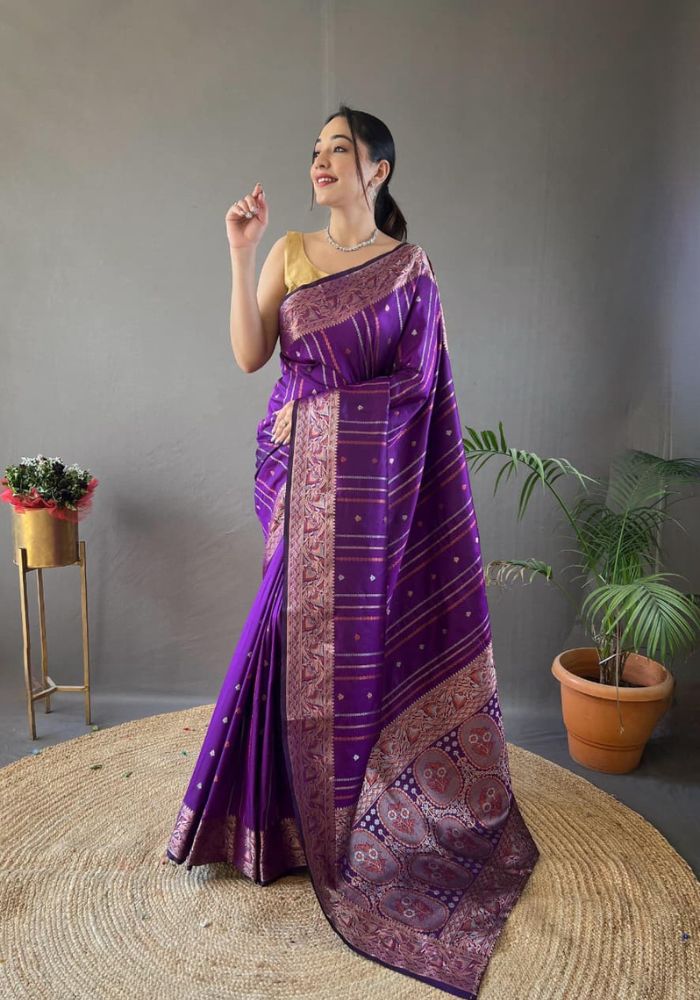 Elegantly Purple Color Woven Silk Saree with Silver, Copper, and Antique Detailing