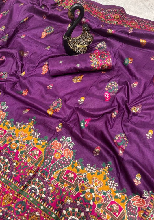 Exceptional Purple Pashmina Saree With Gratifying Blouse Piece