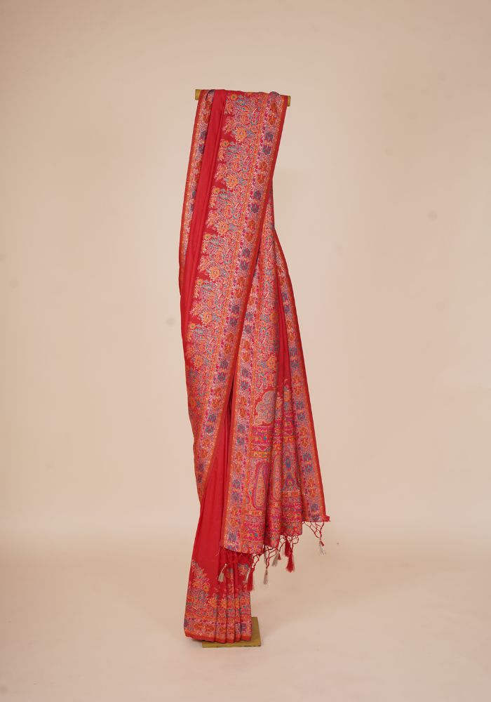 Glamorous Red Pashmina Saree With Artistic Minakari Work