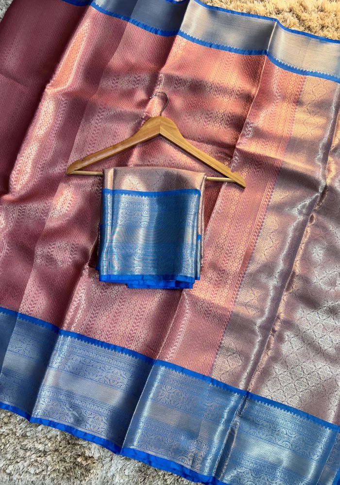 Amira - Pink & Silver Kanjivaram Silk Saree with Royal Blue Border