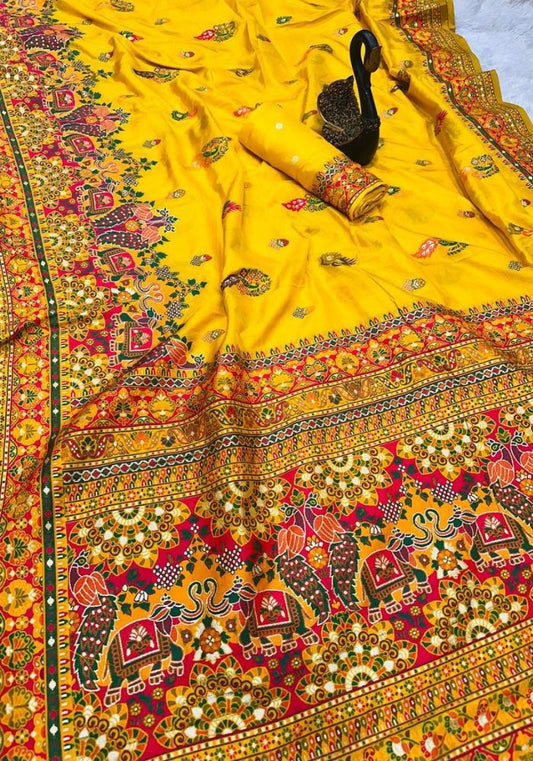 Appealing Yellow Pashmina Saree With Gossamer Blouse Piece