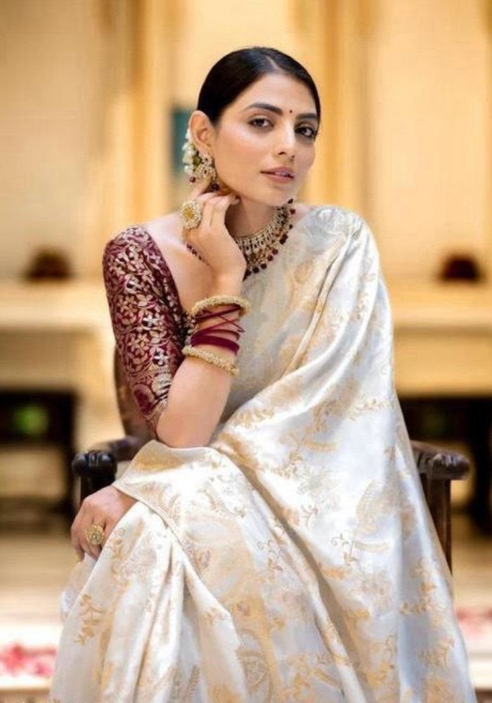 Anarkali White banarasi silk saree