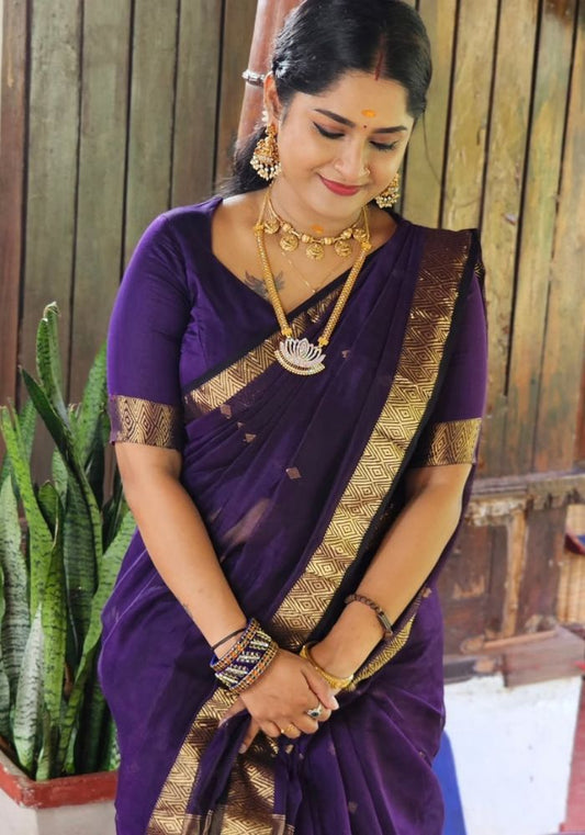 Regal Charm – Purple Silk Saree with Golden Zari Border
