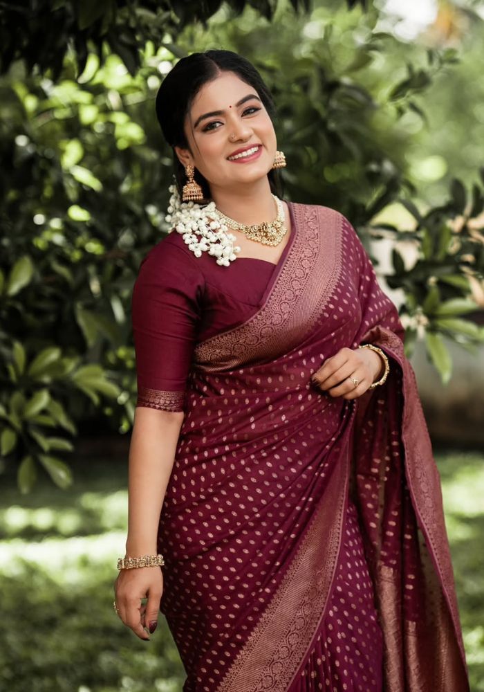 Charulata – Deep Maroon Banarasi Soft Silk Saree with Royal Charm