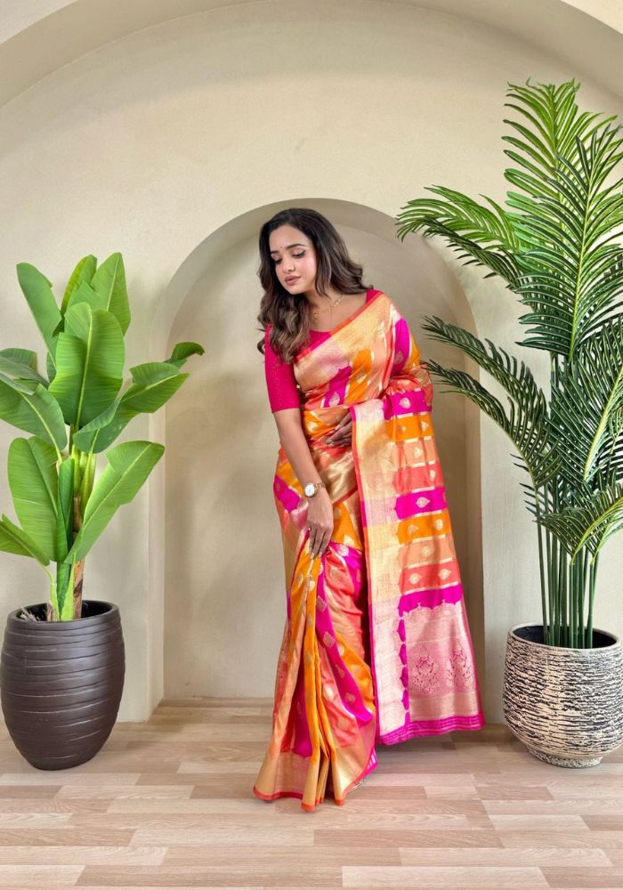 Rangrekha – Multicolour Banarasi Soft Silk Saree with Golden Zari Weaving