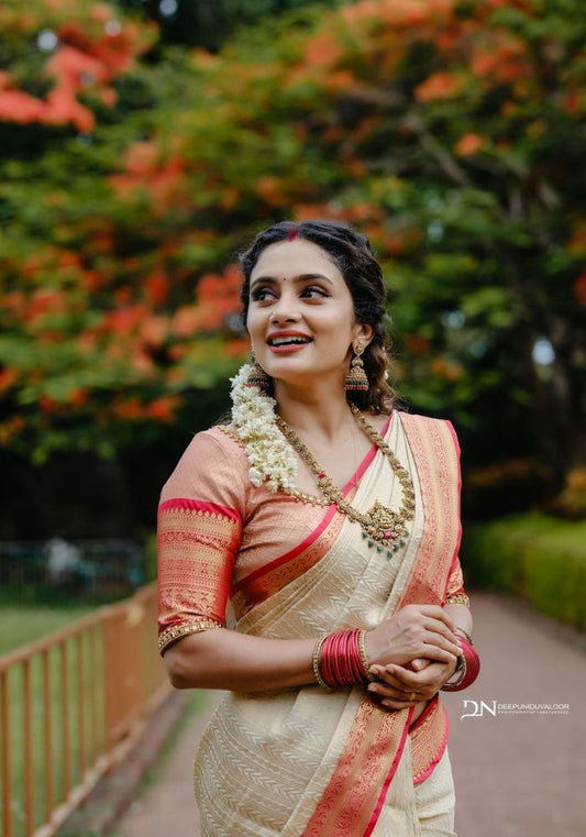 Beige Soft Silk Saree With Snappy Blouse Piece