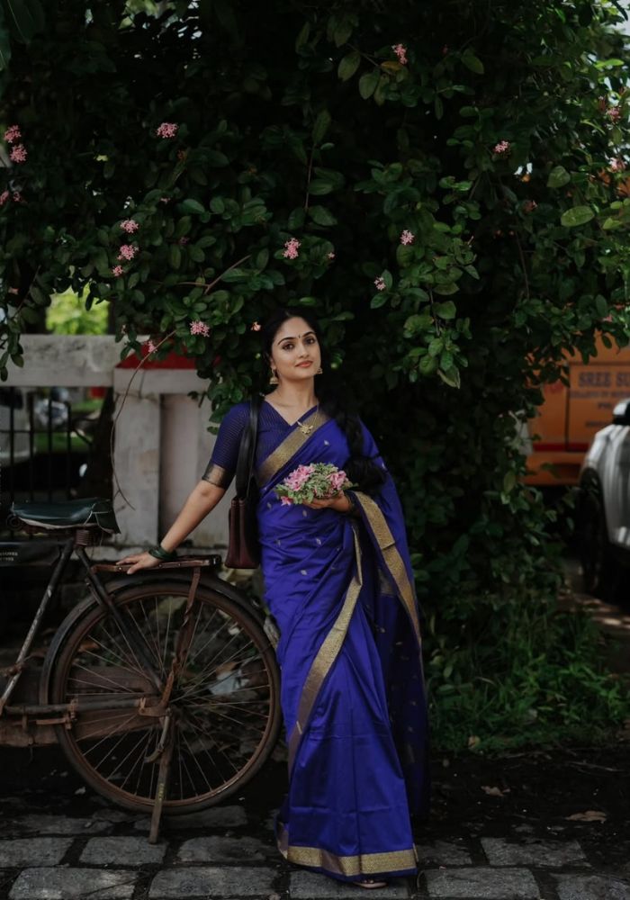 Royal Grace – Deep Blue Soft Silk Saree with Golden Zari Border