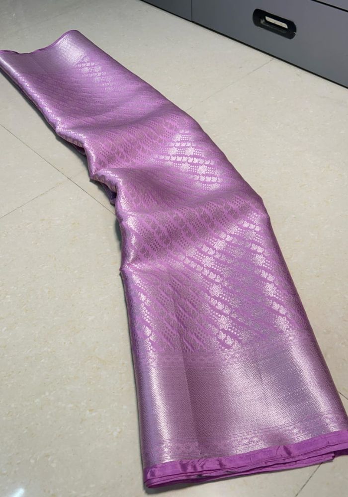 Samika – Lilac Purple Banarasi Soft Silk Saree with Silver Zari Weaving