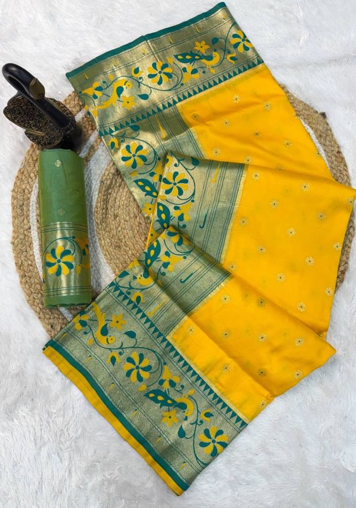 Opulent Yellow Paithani Silk Saree With Skinny Blouse Piece