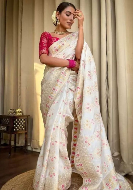 Tisha White Banarasi Silk Saree
