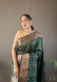 Elegantly Green Color Woven Silk Saree with Silver, Copper, and Antique Detailing