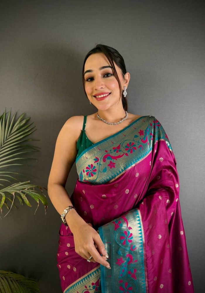 Efflorescence Purple Paithani Silk Saree With Classic Blouse Piece