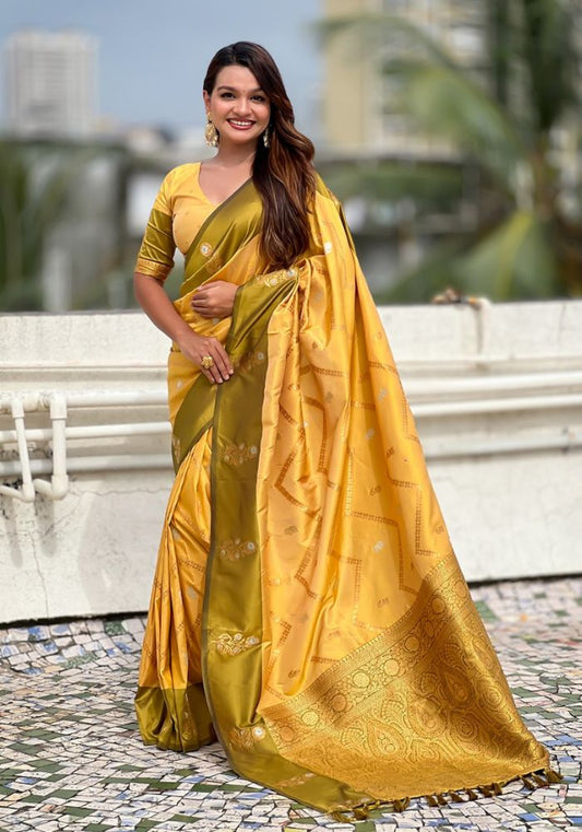 Ruvika –Banarasi Soft Silk Saree in Gold with Ornamental Border