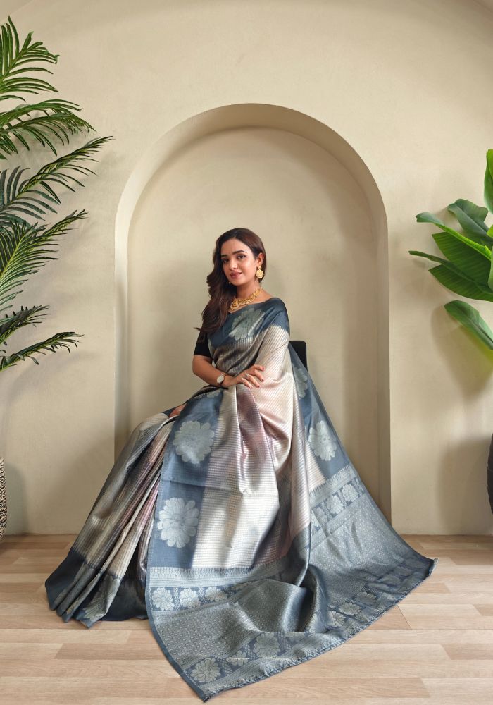 Amara – Grey Banarasi Soft Silk Saree with Floral Weave