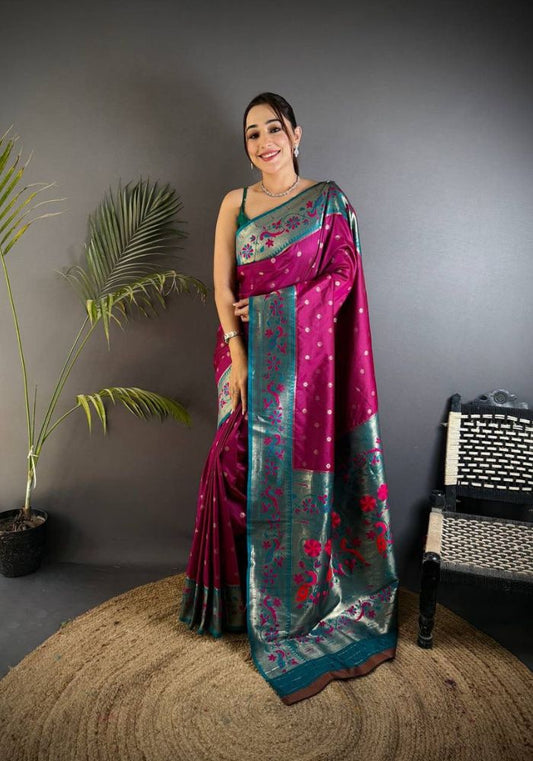 Efflorescence Purple Paithani Silk Saree With Classic Blouse Piece