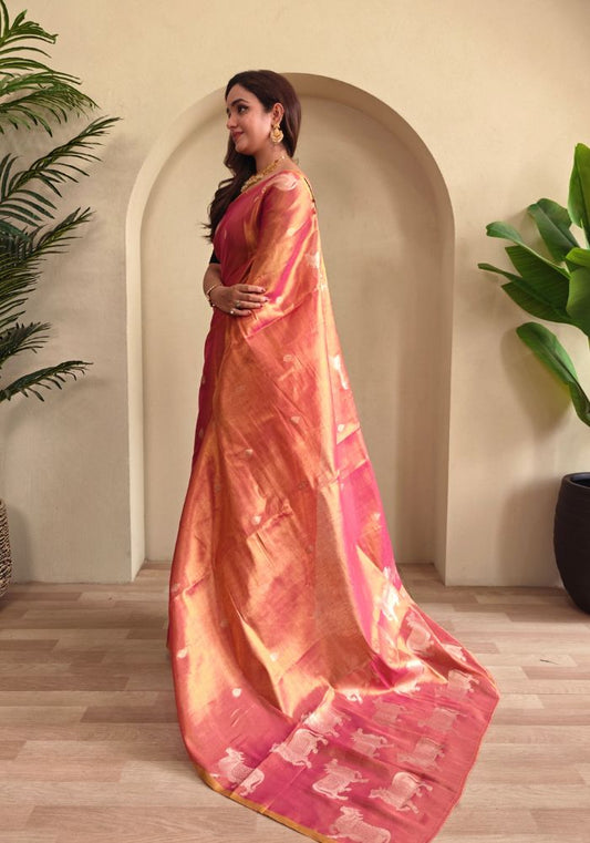 Varnika – Pink Banarasi Soft Tissue Silk Saree of Subtle Charm