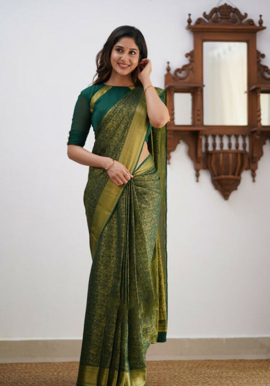 Sharini – Traditional Green Soft Silk Saree with Refined Weaves
