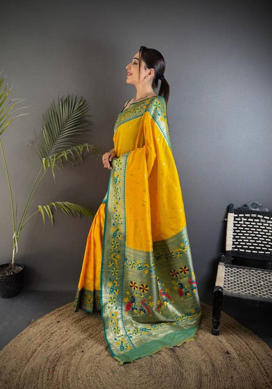 Opulent Yellow Paithani Silk Saree With Skinny Blouse Piece