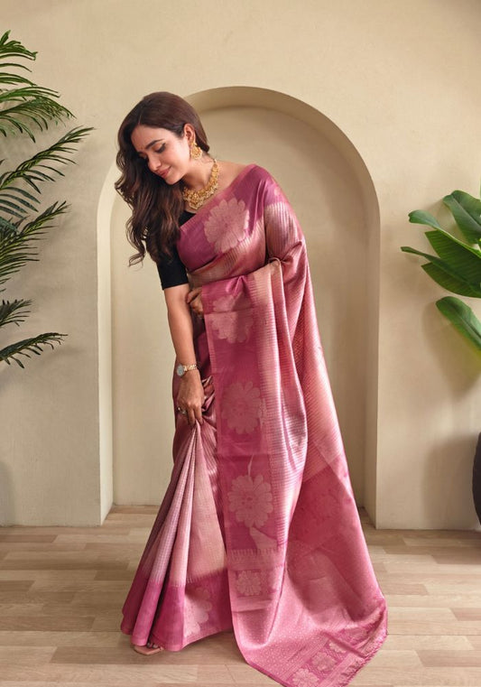 Amara – Pink Banarasi Soft Silk Saree with Floral Weave